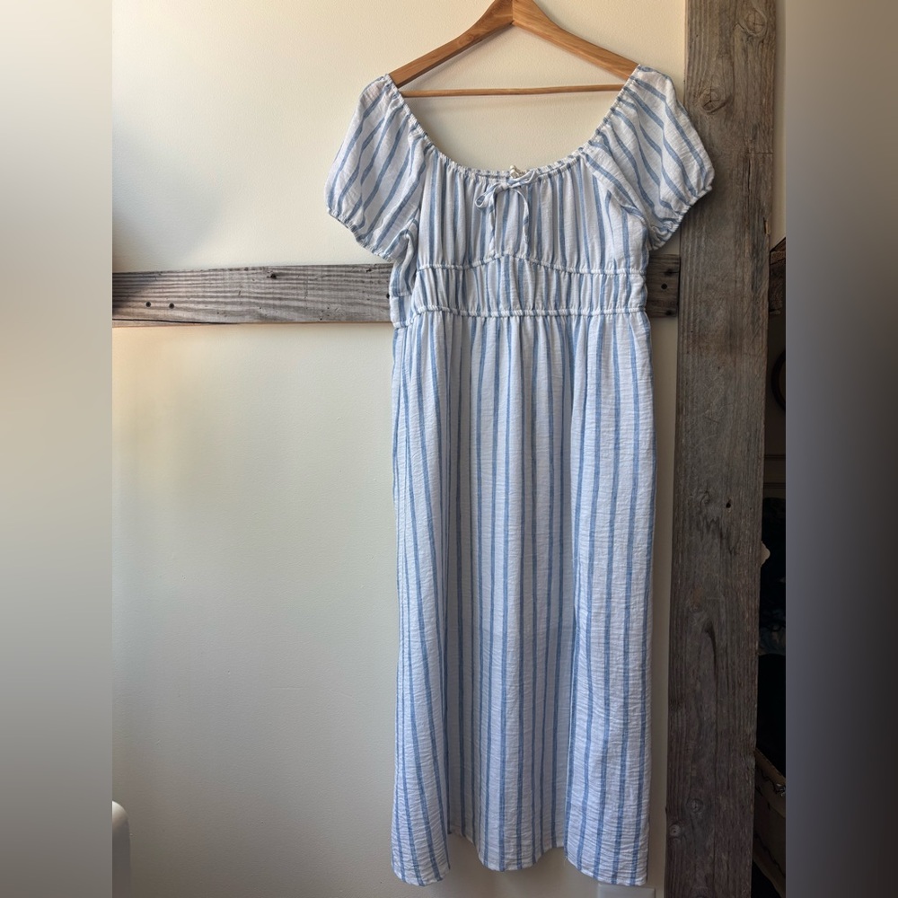 blue and white stripe midi dress